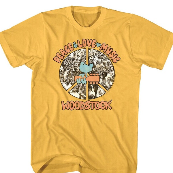 WOODSTOCK T-Shirt Peaceful Crowd Photo Vintage Gold Graphic Tees