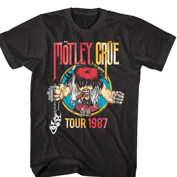 Motley Crue Men's Black T-Shirt Vintage Motley Crue 1987 Tour Cartoon Girls Graphic Tee Glam Metal Band Merch Rock Group Concert Top