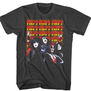Kiss Band T-shirt Glam Rock Group Allover Cover Black Graphic Tee Heavy Metal Music Concert Tour Merch Vintage 70s Music Lover