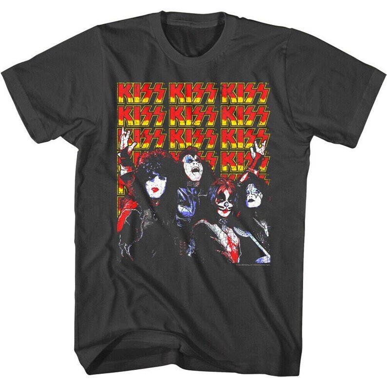 Camiseta de la banda Kiss, grupo de glam rock, camiseta gráfica negra con portada completa, gira de conciertos de música heavy metal, artículos de merchandising vintage para amantes de la música de los años 70 imagen 1
