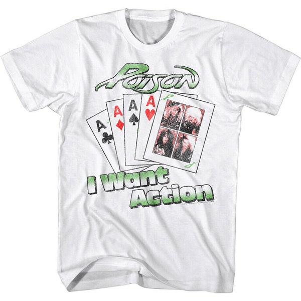 Poison Band Men's T Shirt I Want Action Full House Ace Playing Card Art White Graphic Tee 80s Glam Rock Album Concert Tour Merch