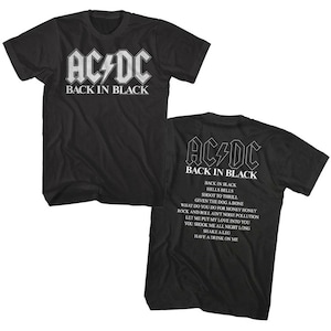 ACDC Men&#39;s T-Shirt Back in Black Album Tracklist Black T-shirt Men 100% Cotton Big and Tall Sizes Available Vintage Concert T-Shirts