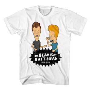 MTV Beavis and Butthead Men&#39;s T-shirt Beavis Butthead Logo White Graphic Tee MTV Cartoon Shirt Butt-Head Air Guitar Rockin Out Merch