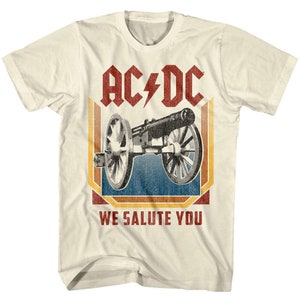 ACDC Men&#39;s Shirt | We Salute You Cannon Poster Graphic Tee | 70s Heavy Metal Band Concert Merch | Vintage Rock Shirt | Music Gift For Him