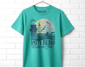 Jaws Amity Island Lighthouse Shark Graphic T-Shirt - Vintage Movie Tee