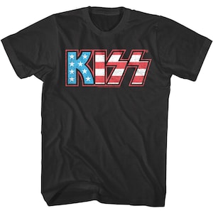 Kiss Men&#39;s T Shirt USA Flag Star-Spangled Band Logo Graphic Tee Vintage Rock Group Concert Tour Merch Official Music Merchandise Gift