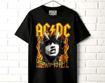 AC/DC Shirt Highway to Hell Fire T-shirt Vintage Angus Young Rock Concert Tee