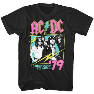ACDC Men&#39;s T-shirt Highway to Hell Neon Graphic Tshirt, AC/DC 1979 Album Concert Tour Merch, Retro Rock Band Vintage Style Top