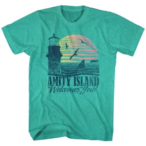 Jaws Men&#39;s T-Shirt Amity Island Welcomes You Green T-shirt Mens Crew Neck Vintage Graphic Tees Short Sleeve Shark Week Gift