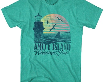 Jaws Men's T-Shirt Amity Island Welcomes You Green T-shirt Mens Crew Neck Vintage Graphic Tees Short Sleeve Shark Week Gift