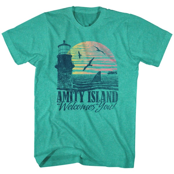 Jaws Men's T-Shirt Amity Island Welcomes You Green T-shirt Mens Crew Neck Vintage Graphic Tees Short Sleeve Shark Week Gift