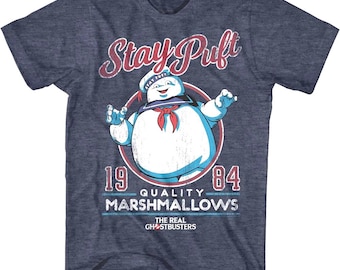 Real Ghostbusters Men's T-Shirt Stay Puft Marshmallow Man 1984 Graphic Tee Vintage 80s Cartoon Retro Comic T-shirt Navy Blue Heather
