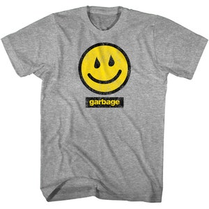 Garbage Men&#39;s T-shirt Rainy Smiley Face Gray Graphic Tee Alternative Rock Band Merch Alt Grunge Punk Emo Music Album Concert Tour Top