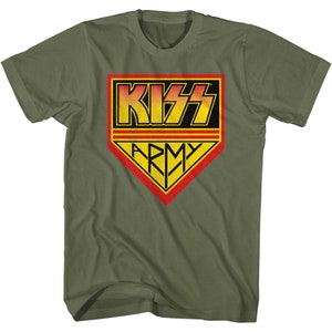 Kiss Army Men&#39;s T-shirt Band Fan Club Logo Graphic Tee Glam Metal Rock Group Album Concert Top Official Tour Merch Khaki Green T-Shirt