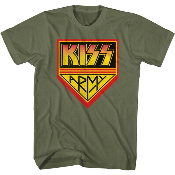 Kiss Army Men's T-shirt Band Fan Club Logo Graphic Tee Glam Metal Rock Group Album Concert Top Official Tour Merch Khaki Green T-Shirt