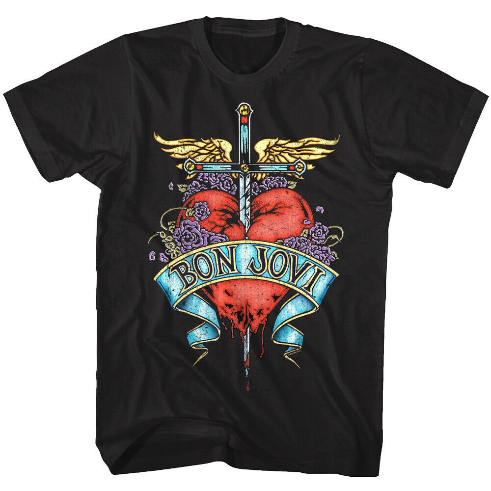 Bon Jovi Men's T-shirt Dagger Stab Heart Tattoo Design Graphic Tee