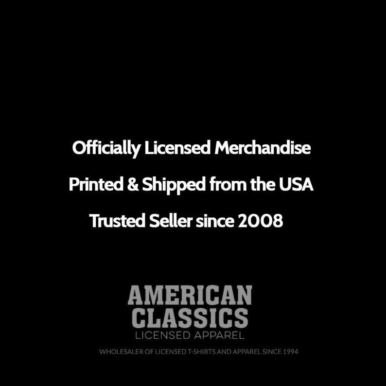 The image is a black and white advertisement for an American Classics merchandise, which is officially licensed from the USA and has been trusted since 2008.