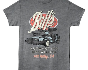Back to The Future Men's T-Shirt Biff's Automotive Detailing Charcoal Heather Graphic Tee Big and Tall T-shirts 80s Movie Tees