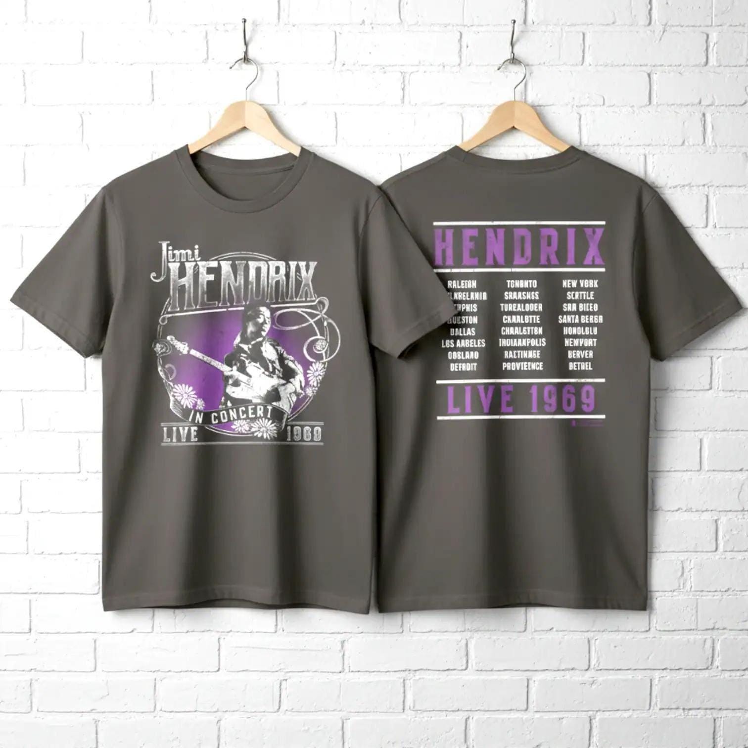 Jimi Hendrix Live Concert Tour 1969 T-shirt - Charcoal Cotton