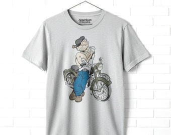 Popeye The Sailor Man Mens Vintage Motorcycle T-Shirt: Officially Licensed Cotton Blend Graphic Tee