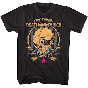 May include: Black t-shirt featuring a graphic design with the text "FIVE FINGER DEATH PUNCH". The design includes a skull with brass knuckles, arrows, and a pink star. The skull has the number "5" on it.