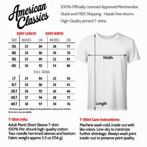 The image is a detailed size chart for a white t-shirt, providing measurements for different body lengths and widths. It also includes a T-shirt care instructions, such as machine washing cold, pre-shrunk high-quality cotton, two-needle hemmed sleeves, and a fabric weight of 5.5 oz (155 g).