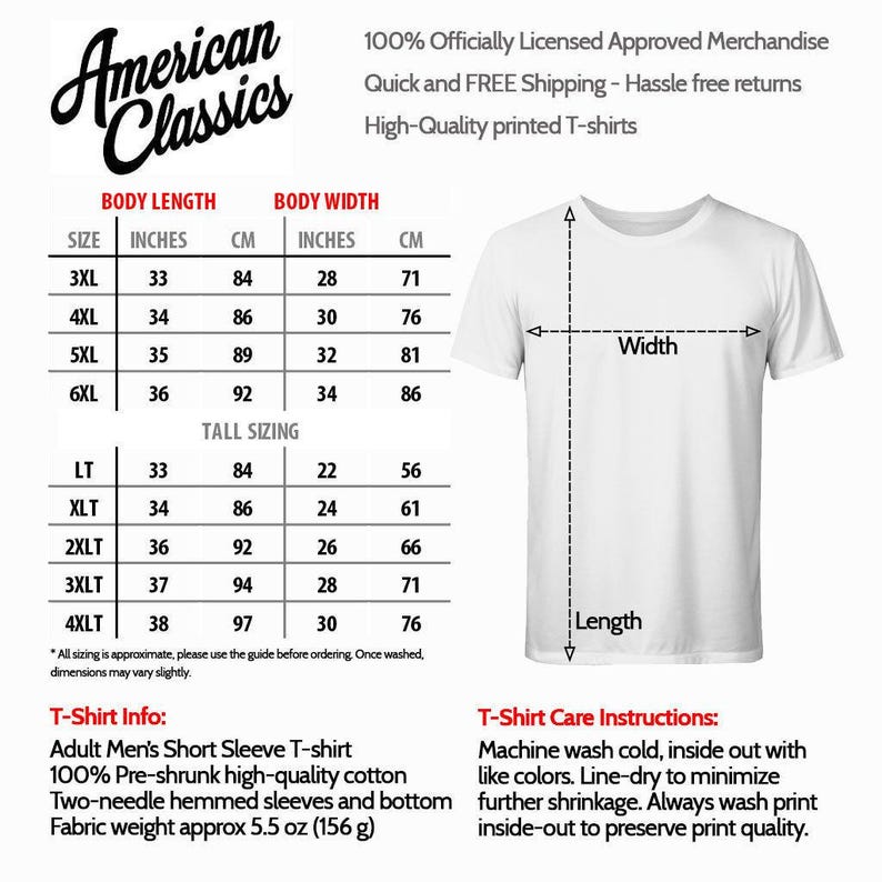 The image is a detailed size chart for a white t-shirt, providing measurements for different body lengths and widths. It also includes a T-shirt care instructions, such as machine washing cold, pre-shrunk high-quality cotton, two-needle hemmed sleeves, and a fabric weight of 5.5 oz (155 g).