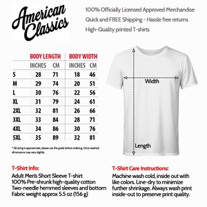 The image is a T-shirt size chart for American Classics, providing measurements and corresponding shirt sizes for men's short sleeve T-shirts.