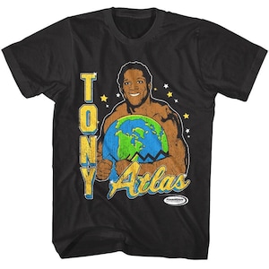 May include: Black t-shirt featuring a vintage-style graphic of a man holding a globe. The text "TONY" is vertically stacked in yellow and blue, with "Atlas" in a matching font below. The PowerTown logo is at the bottom.