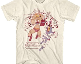 Camiseta de hombre con la imagen de He-Man derrotando a Skeletor en Grayskull