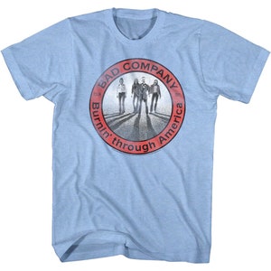 Bad Company Men&#39;s T-Shirt Burning Through America Tour 1977 Light Blue Shirt Graphic Tees Vintage Rock Band Concert Merch