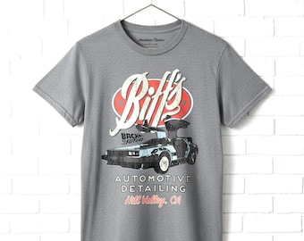 Back to The Future Men's T-Shirt Biff's Automotive Detailing Charcoal Heather Graphic Tee Big and Tall T-shirts 80s Movie Tees