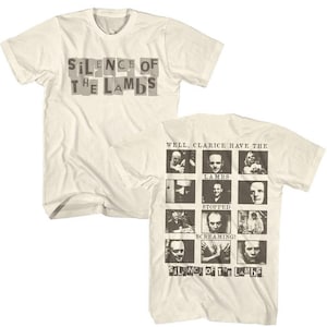 May include: Off-white t-shirt featuring the text "SILENCE OF THE LAMBS" in a block letter style. The back of the shirt displays a grid of black and white images with the text "WELL, CLARICE HAVE THE LAMBS STOPPED SCREAMING?" and "SILENCE OF THE LAMBS."