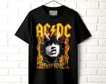 AC/DC Shirt Highway to Hell Fire T-shirt Vintage Angus Young Rock