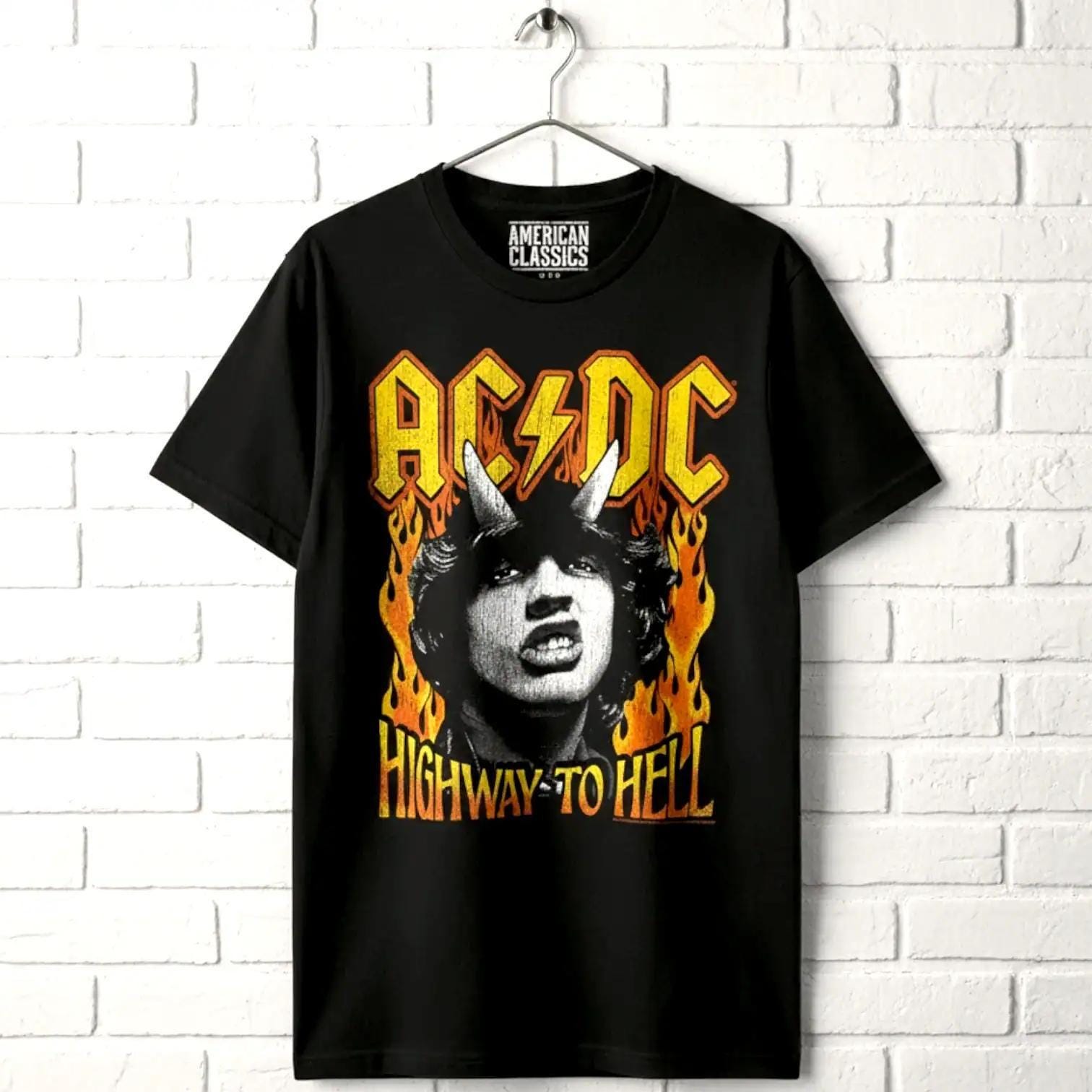 AC/DC Shirt Highway to Hell Fire T-shirt Vintage Angus Young Rock