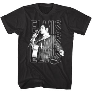 Elvis Presley Men&#39;s T-Shirt King Elvis Rockin the Mic Black Graphic Tee Sun Records Memphis Acoustic Concert Merch King of Rock Shirt