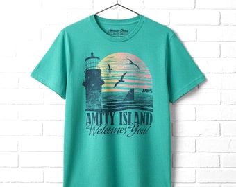 Jaws Amity Island Lighthouse Shark Graphic T-Shirt - Vintage Movie Tee