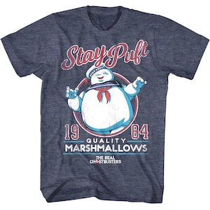 Real Ghostbusters Men&#39;s T-Shirt Stay Puft Marshmallow Man 1984 Graphic Tee Vintage 80s Cartoon Retro Comic T-shirt Navy Blue Heather