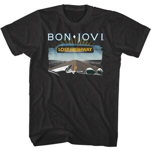 Camiseta de hombre Bon Jovi con portada del álbum Lost Highway, camiseta gráfica negra, banda de pop rock, gira de conciertos, merchandising vintage de los 80, regalo para él imagen 1