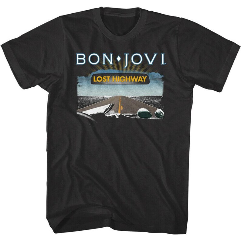 Camiseta de hombre Bon Jovi con portada del álbum Lost Highway, camiseta gráfica negra, banda de pop rock, gira de conciertos, merchandising vintage de los 80, regalo para él imagen 1