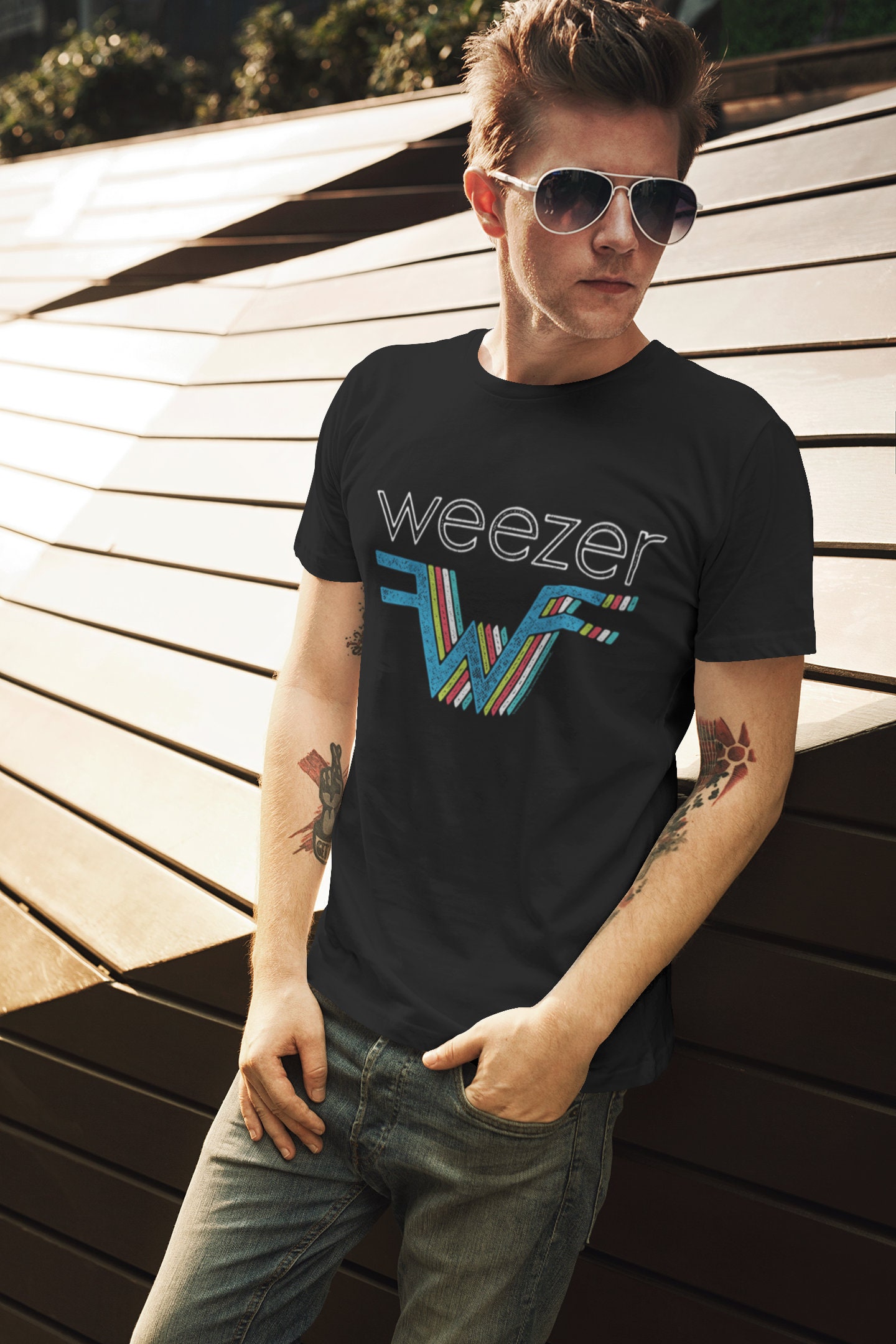 Weezer Men's T-shirt, 3D Rainbow Logo, Black T-shirt, Alt Rock