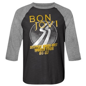 Bon Jovi Men&#39;s Raglan Shirt Slippery When Wet 1986 World Tour Graphic Tee Vintage 80s Rock Band Album Concert Tour Merch Music T-Shirt