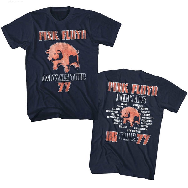 Pink Floyd Men's T-Shirt Animals USA Tour 1977 Navy Blue Shirt 100% Cotton Graphic Tees Vintage Concert T-shirt Crew Neck Tee Gift For Him