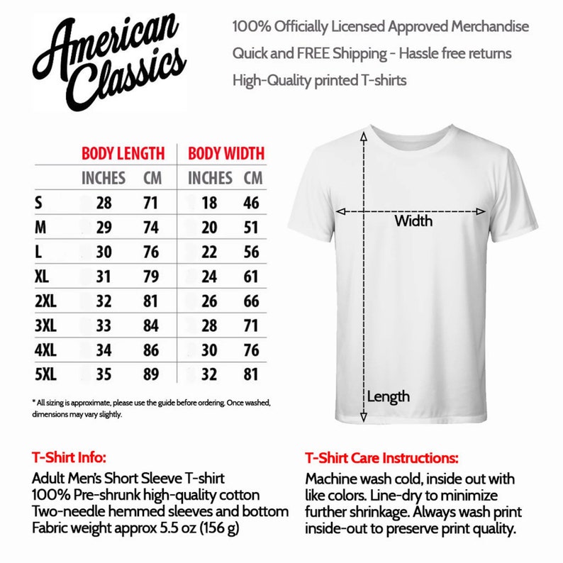 Pu&ograve; includere: T-shirt bianca con tabella taglie e testo. La tabella mostra una lunghezza del corpo da 71 a 89 cm e una larghezza del corpo da 46 a 81 cm. La maglietta &egrave; realizzata in cotone 100% pre-ristretto. Il testo "American Classics" &egrave; in alto.