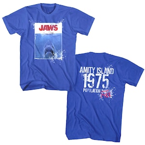 Jaws Amity Island Population 75 Men's T-shirt Jaws Poster Tshirt Shark Movie Merch Vintage Shark Poster Graphic retro Shirt Mens Blue tshirt