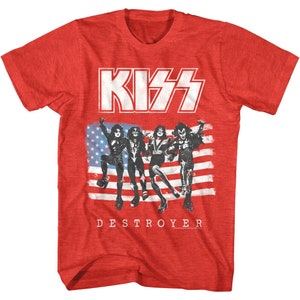 Kiss Band Men&#39;s T-shirt American Destroyer Album Cover Graphic Tee Heavy Metal Glam Rock Concert Tour Merch USA Flag Stars & Stripes