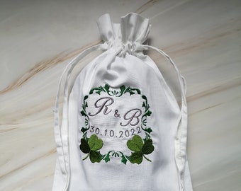 Personalised Irish Wedding Glass Bag: Embroidered Cotton Drawstring Gift Pouch