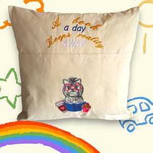 Personalised Kids Reading Cushion: Embroidered Book Pocket, Children&#39;s Room Decor