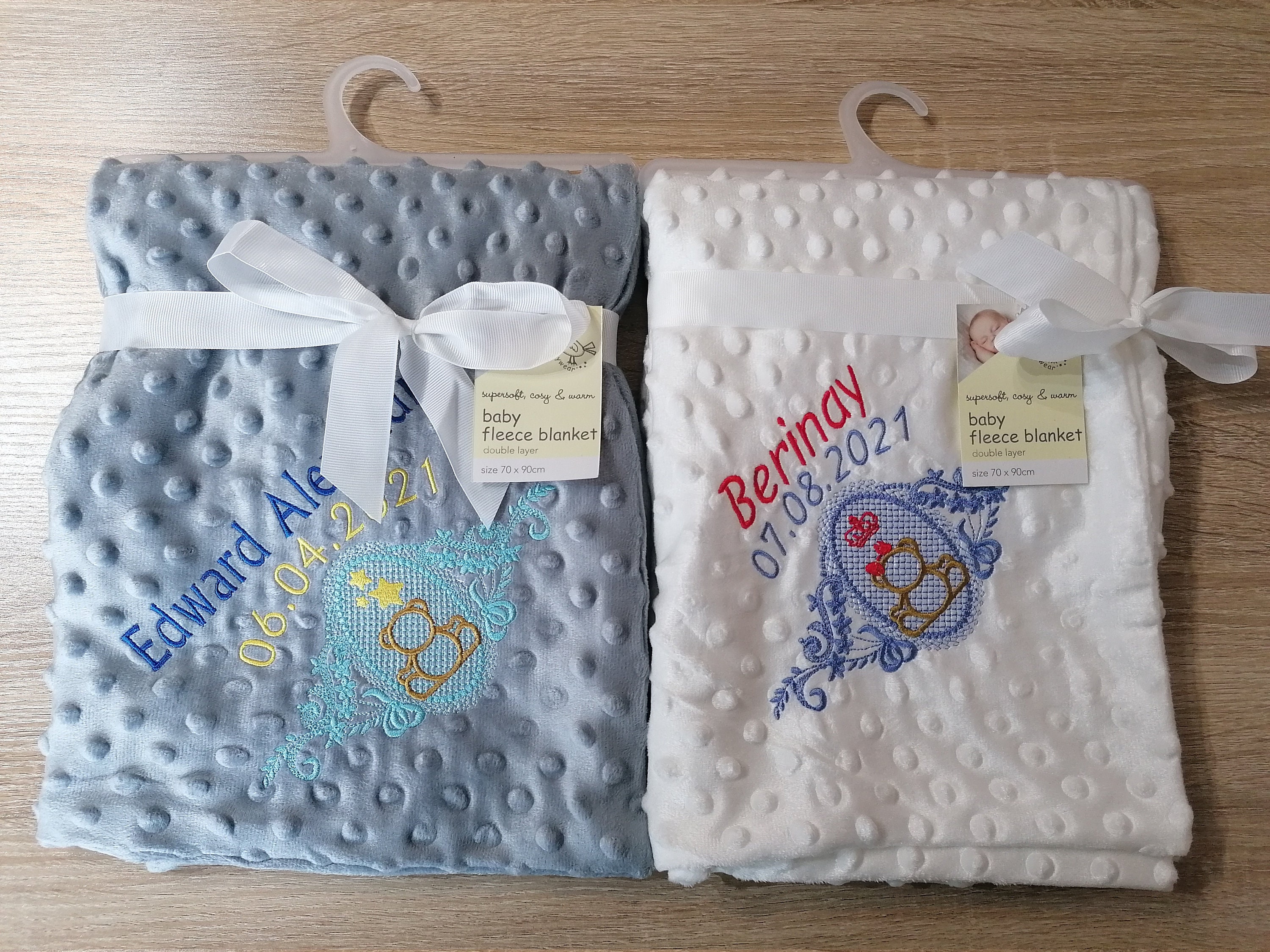 Personalised Baby Blanket Name and Date Pink Blue Grey or Etsy