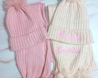 Personalised Hat and Scarf for Girls, Personalised Scarf and Hat, Girls Toddler Gift Set, Personalised Pink Hat, Christmas Girls Pink Scarf
